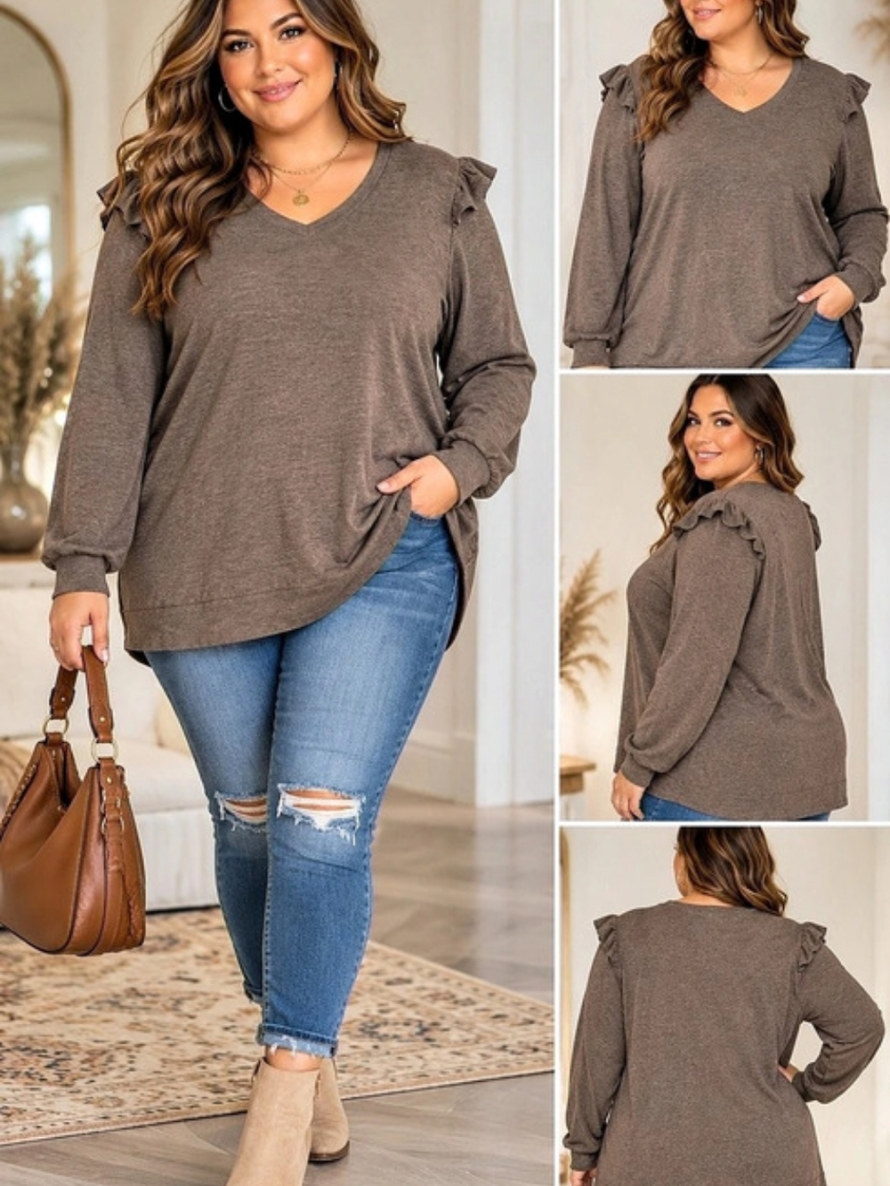 VOGRACE Plus Size V Neck Ruffle Long Sleeve Top Brown 3XL